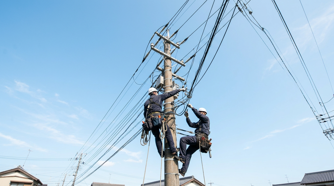 電柱上で作業する電気通信工事の作業員